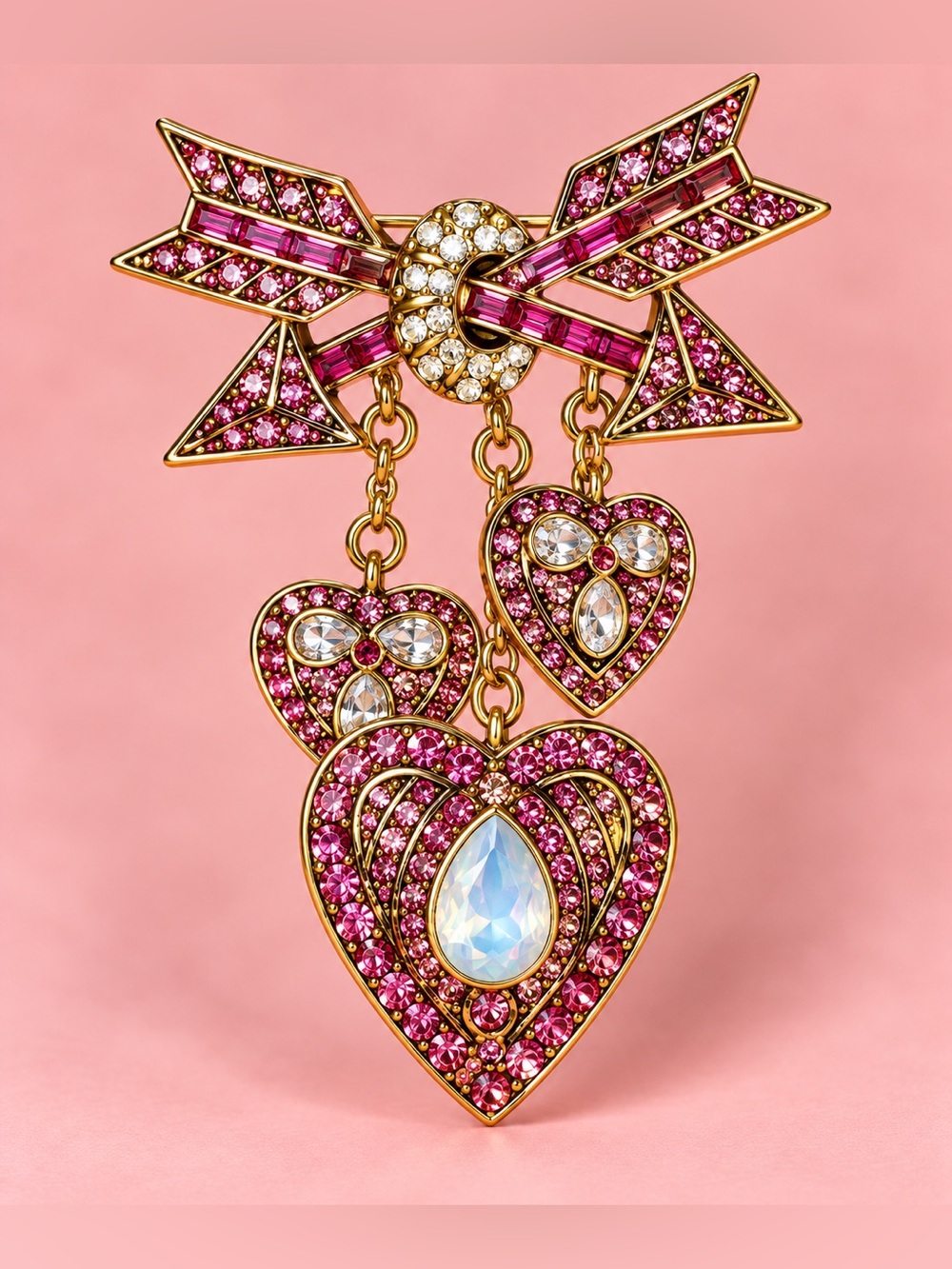 Pink Crystal Heart Dangle Brooch - Gold Tone